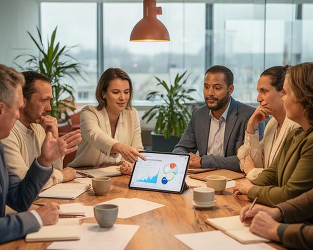 Nederlandse consultants bespreken procesdata met klanten aan een houten vergadertafel